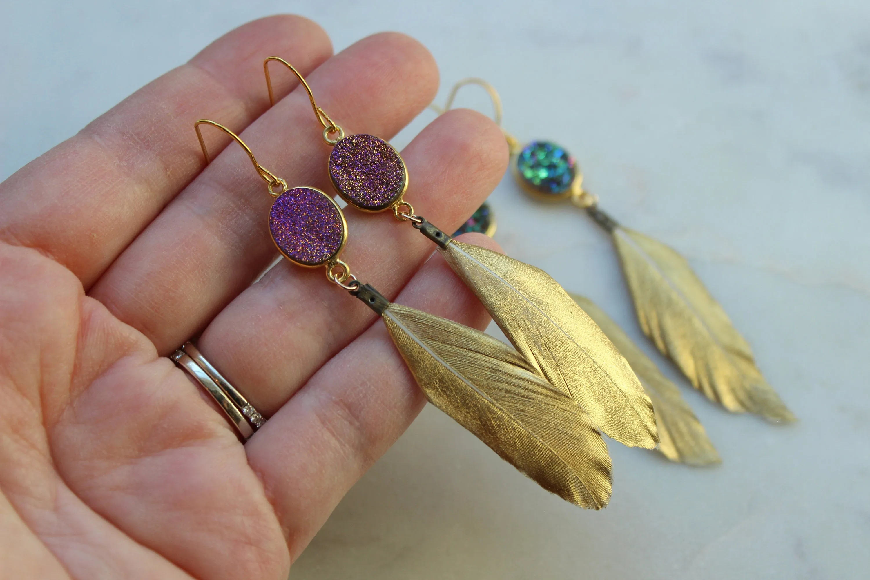 Gold Dipped Feather Earrings, Gold Druzy Earrings, Feather Earrings, Mardi Gras Earrings, Mardi Gras Jewelry, Gold Feathers, Green Druzy