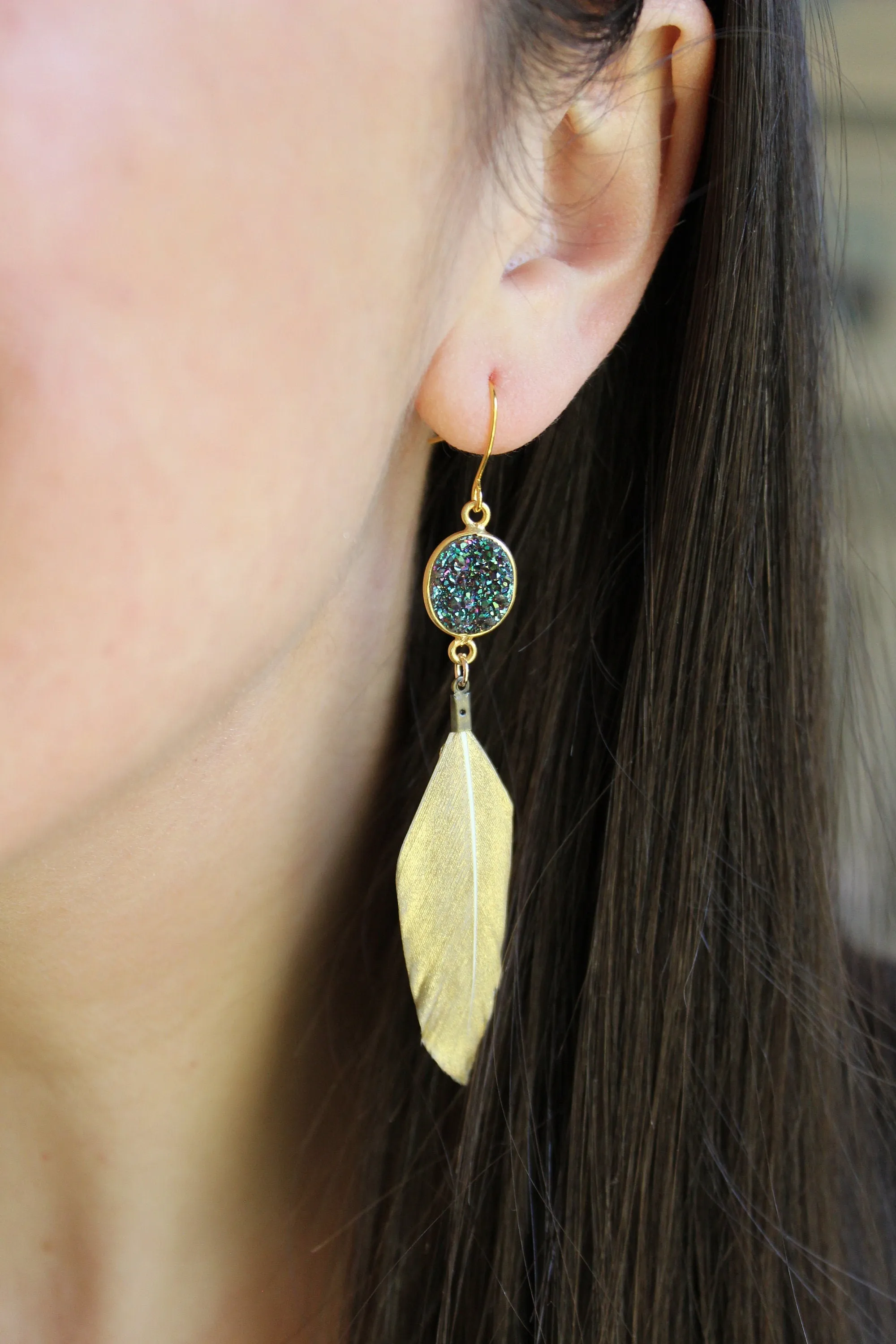 Gold Dipped Feather Earrings, Gold Druzy Earrings, Feather Earrings, Mardi Gras Earrings, Mardi Gras Jewelry, Gold Feathers, Green Druzy