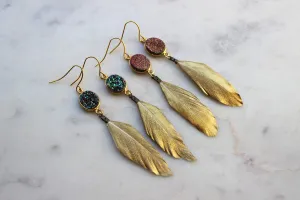 Gold Dipped Feather Earrings, Gold Druzy Earrings, Feather Earrings, Mardi Gras Earrings, Mardi Gras Jewelry, Gold Feathers, Green Druzy