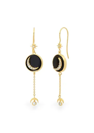 Gold Earrings With Black Glass Inlay Crescent Moon Disc Drops