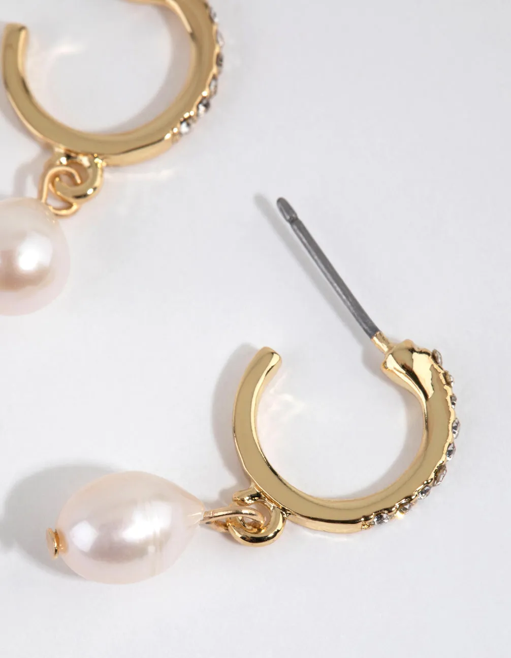 Gold Plated Diamante & Freshwater Pearl Huggie Earrings