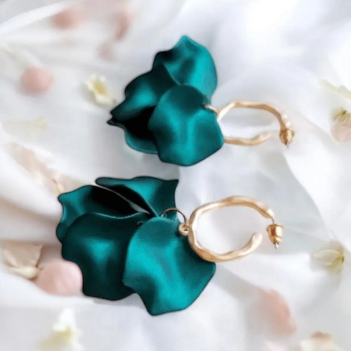 Green - Emerald green flower earrings | iridsecent petals baroque earrings | unique gold hoop floral earrings | bridal party wedding earrings