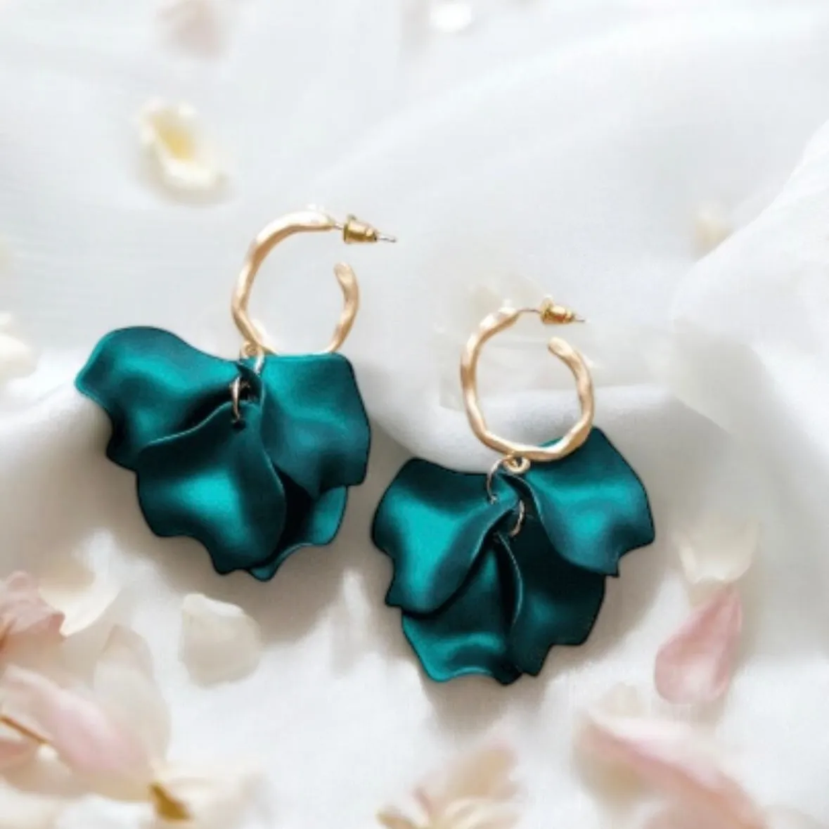 Green - Emerald green flower earrings | iridsecent petals baroque earrings | unique gold hoop floral earrings | bridal party wedding earrings