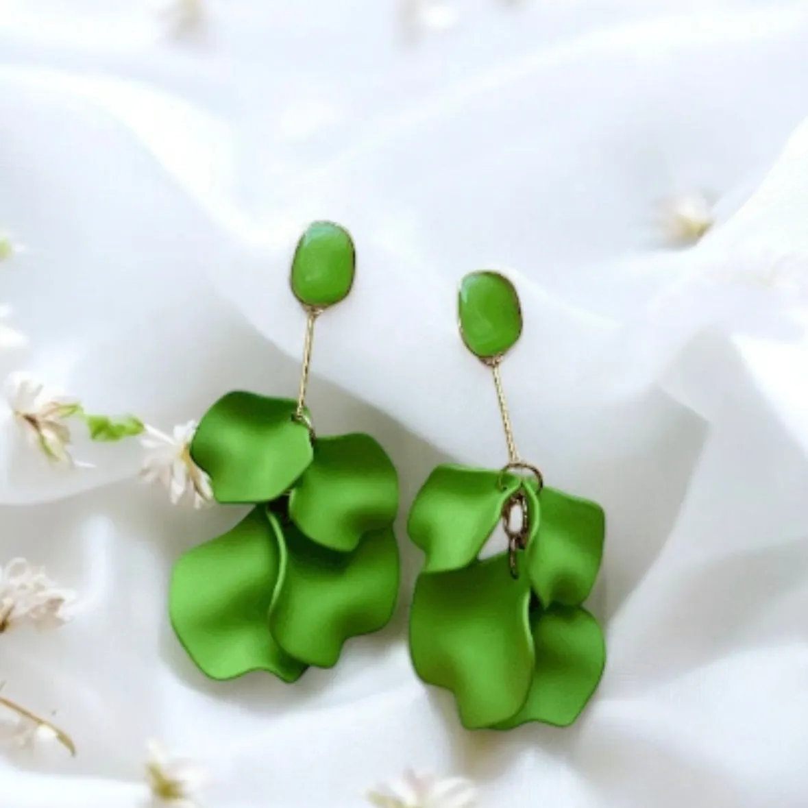 Green - Shamrock light green flower earrings |dangly earrings | frosted petals hoop statement earrings | unique gold geometric floral earrings