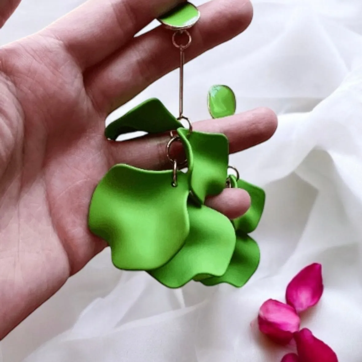 Green - Shamrock light green flower earrings |dangly earrings | frosted petals hoop statement earrings | unique gold geometric floral earrings