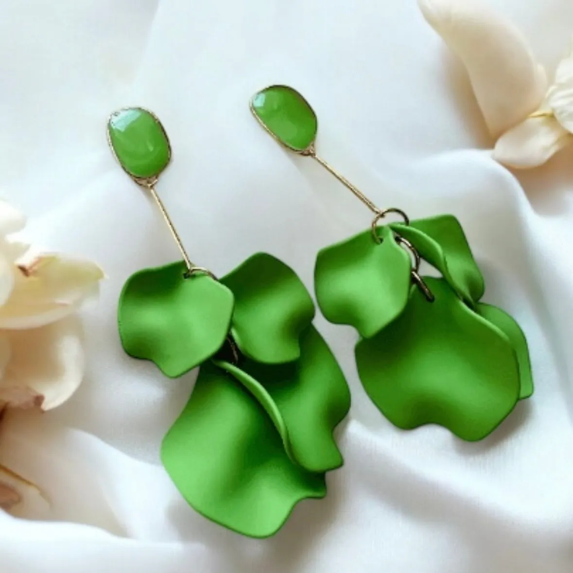 Green - Shamrock light green flower earrings |dangly earrings | frosted petals hoop statement earrings | unique gold geometric floral earrings