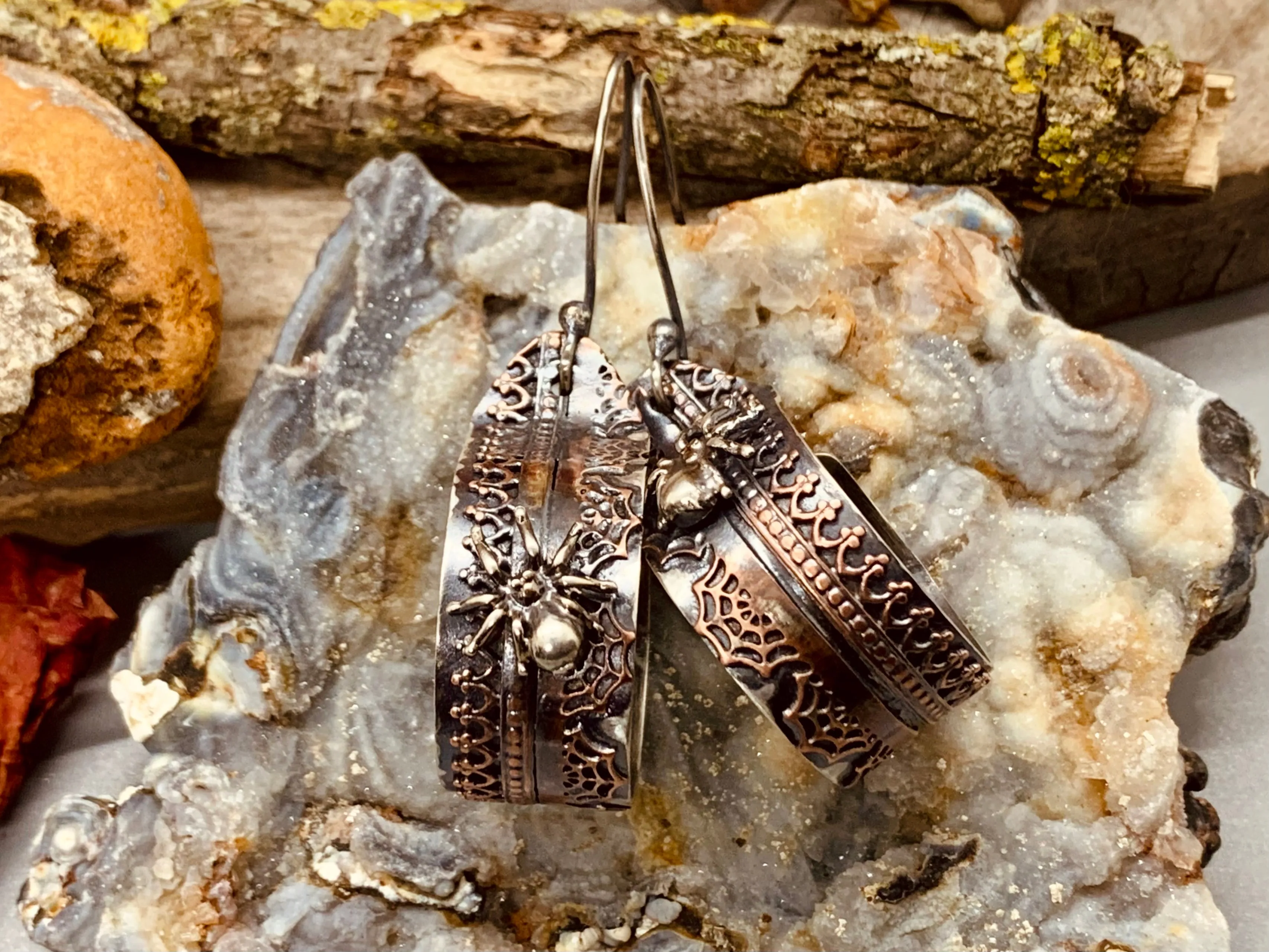 Halloween Sterling Silver and Copper Spider Webbed Hoop Earrings (2)