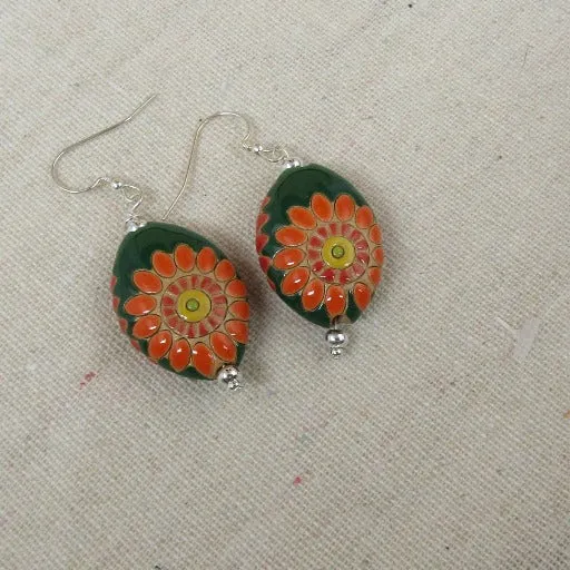 Handmade Emerald Green  & Orange Flower Earrings  Golem