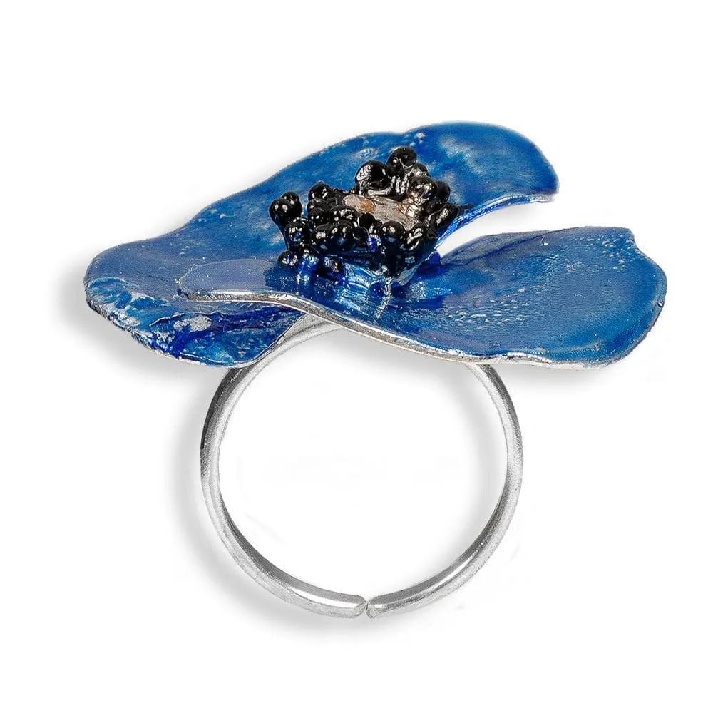 Handmade Sterling Silver Impressive Sky Blue Poppy Flower Ring