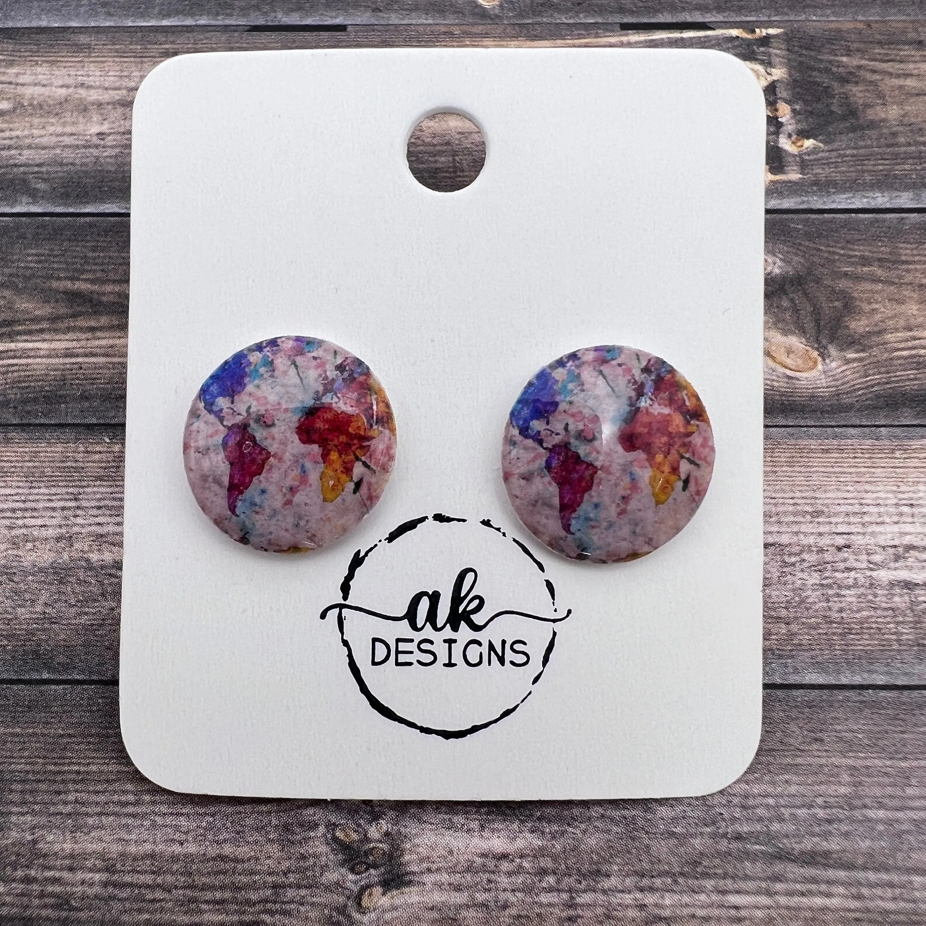 Handmade Watercolor Map Stud Earrings