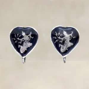 Heart-Shaped Siam Silver Earrings with Dancing Girls