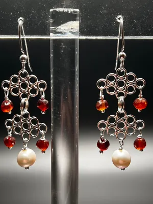 Hessonite Garnet, White Pearl, and Sterling Silver Chandelier Earrings