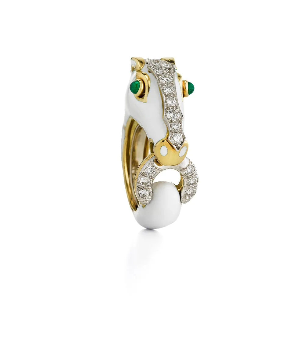 Horse Ring, White Enamel, Emerald