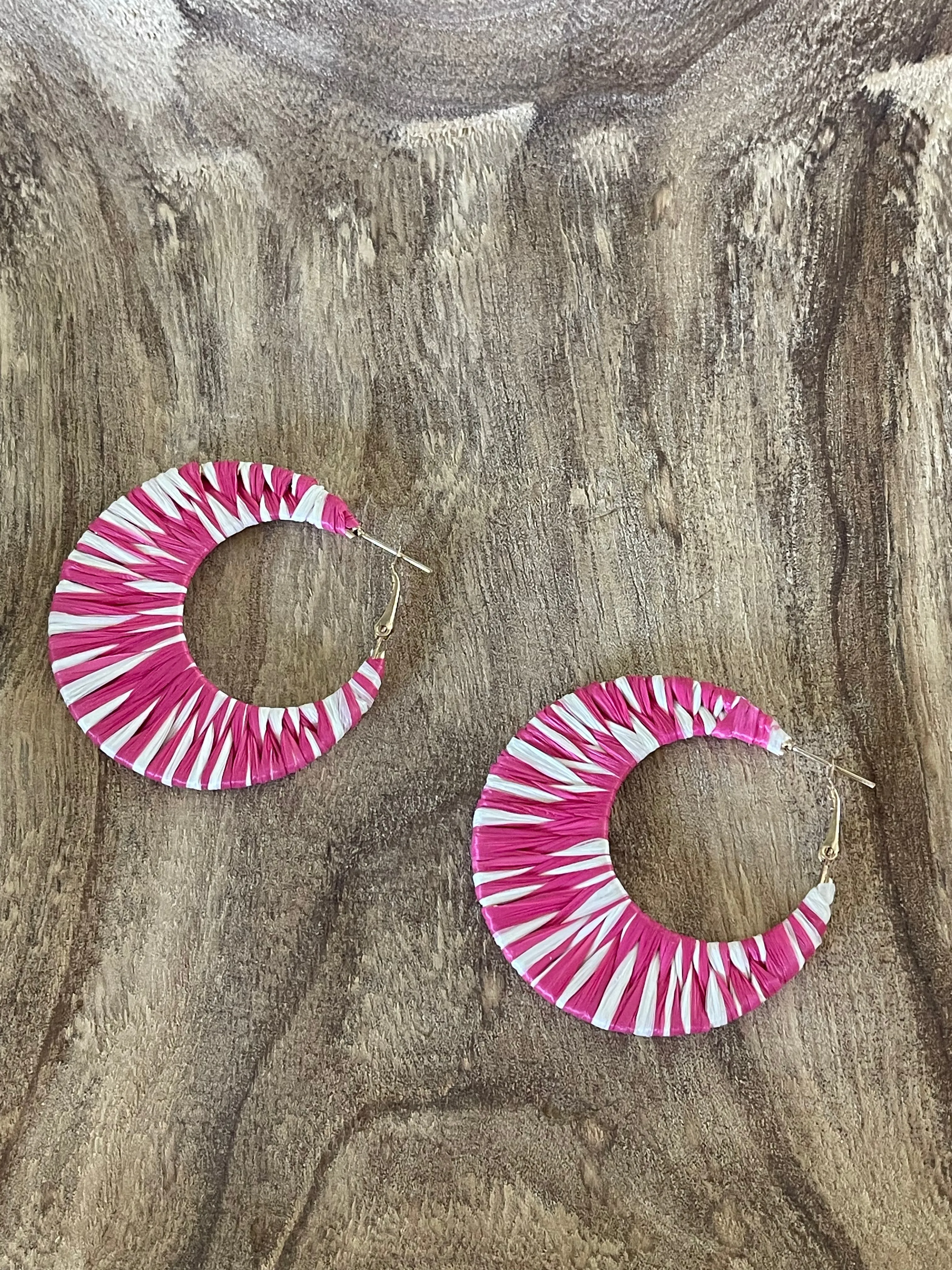 Hot Pink and White Raffia Hoop Earrings