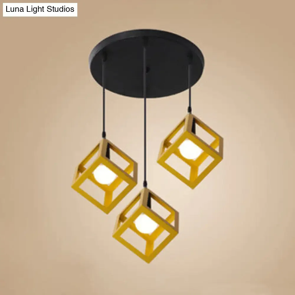 Industrial 3-Head Pendant Light with Squared Metallic Cage, Red/Yellow Canopy for Hallway