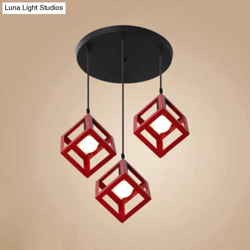 Industrial 3-Head Pendant Light with Squared Metallic Cage, Red/Yellow Canopy for Hallway