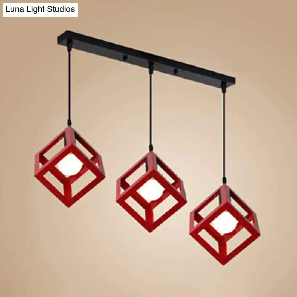 Industrial 3-Head Pendant Light with Squared Metallic Cage, Red/Yellow Canopy for Hallway