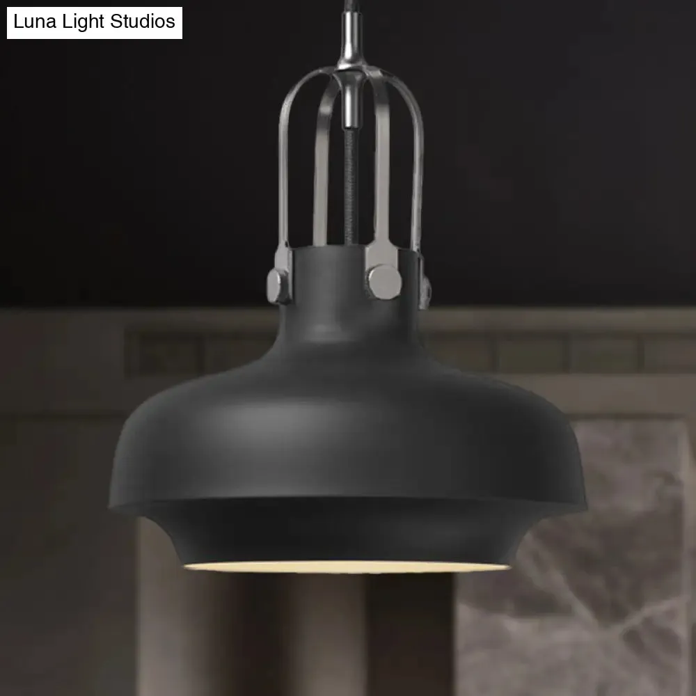 Industrial Metallic Pendant Light with Adjustable Cord - Black/White Bowl Shade, 1-Light, for Living Room