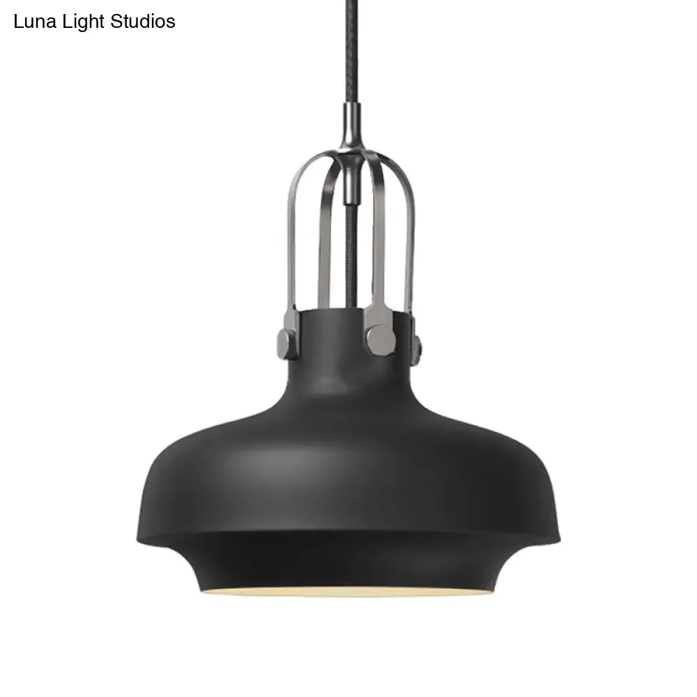 Industrial Metallic Pendant Light with Adjustable Cord - Black/White Bowl Shade, 1-Light, for Living Room