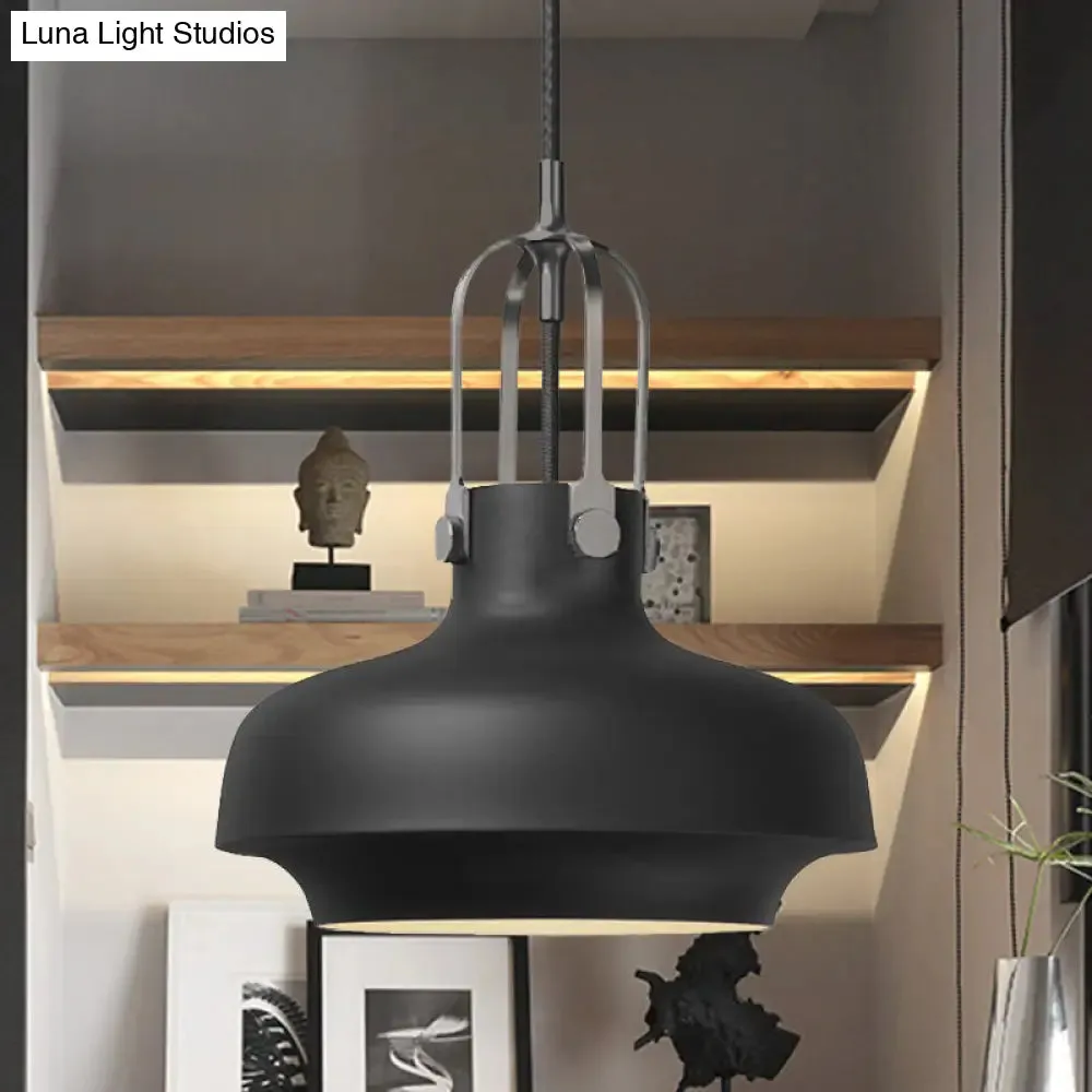 Industrial Metallic Pendant Light with Adjustable Cord - Black/White Bowl Shade, 1-Light, for Living Room