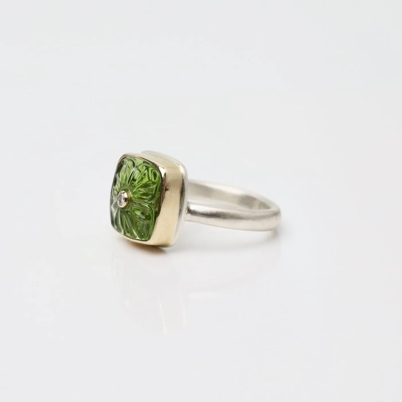 Jamie Joseph Carved Flower Peridot & Diamond Ring