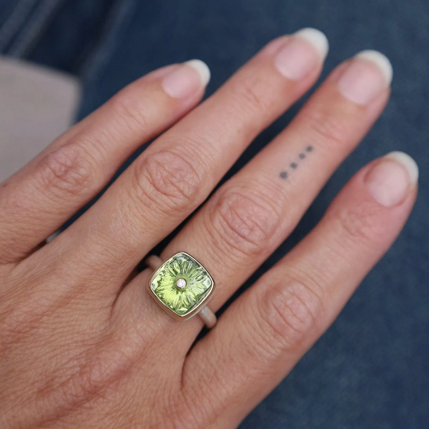 Jamie Joseph Carved Flower Peridot & Diamond Ring