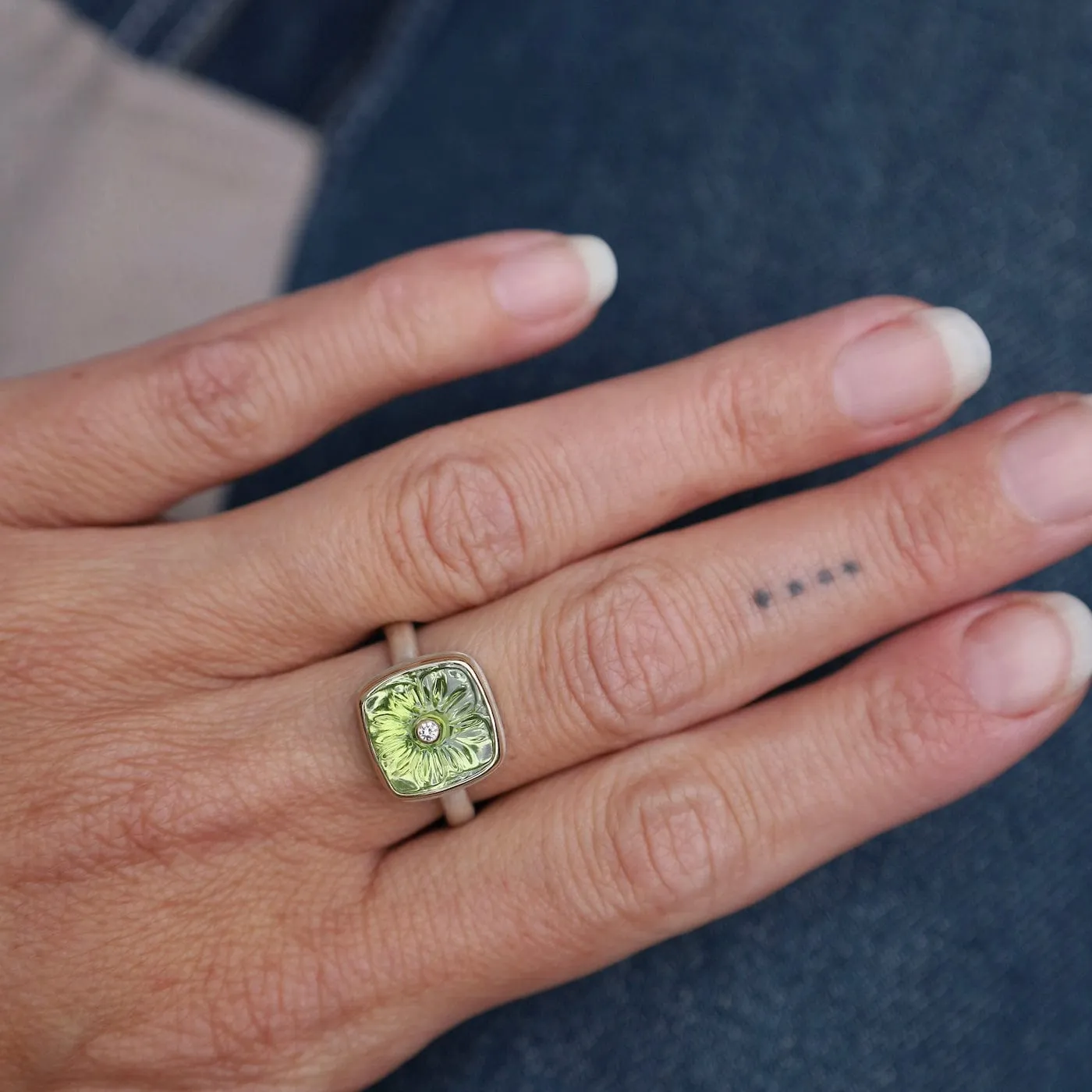 Jamie Joseph Carved Flower Peridot & Diamond Ring