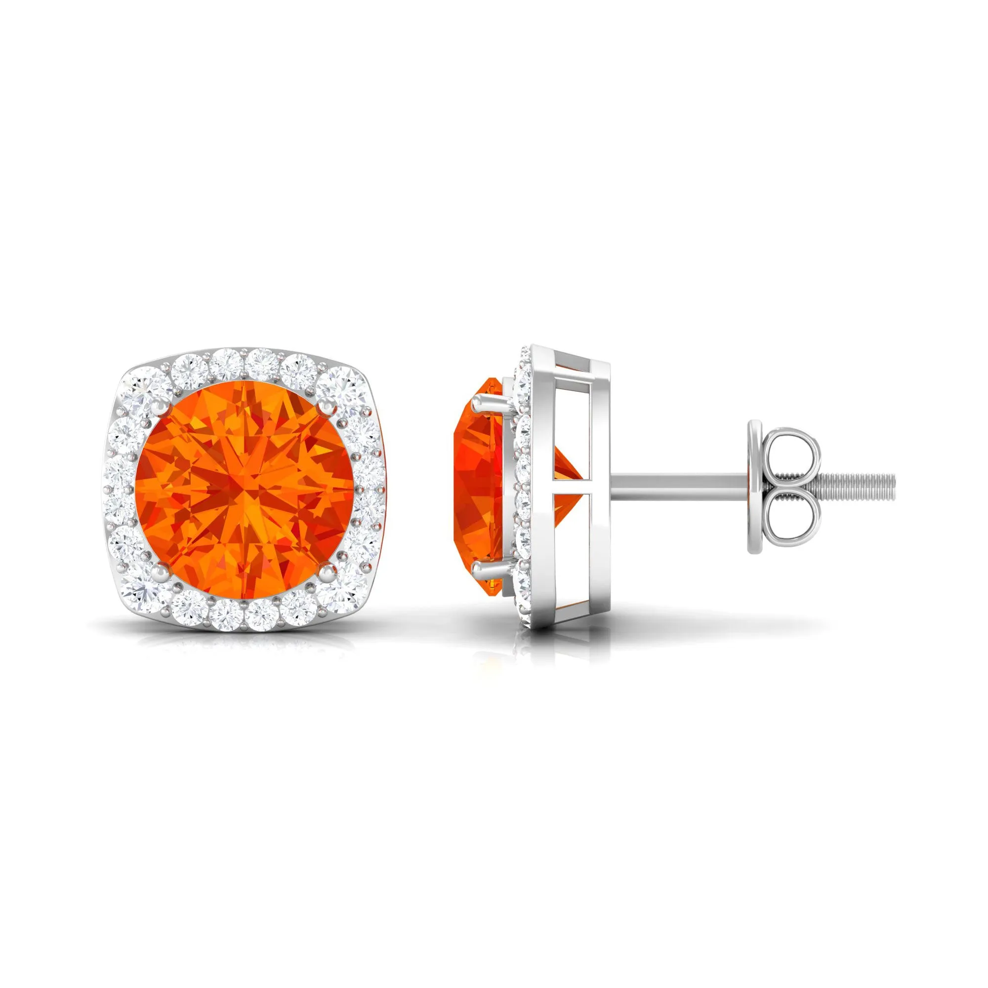 Lab Grown Orange Sapphire and Diamond Halo Stud Earrings