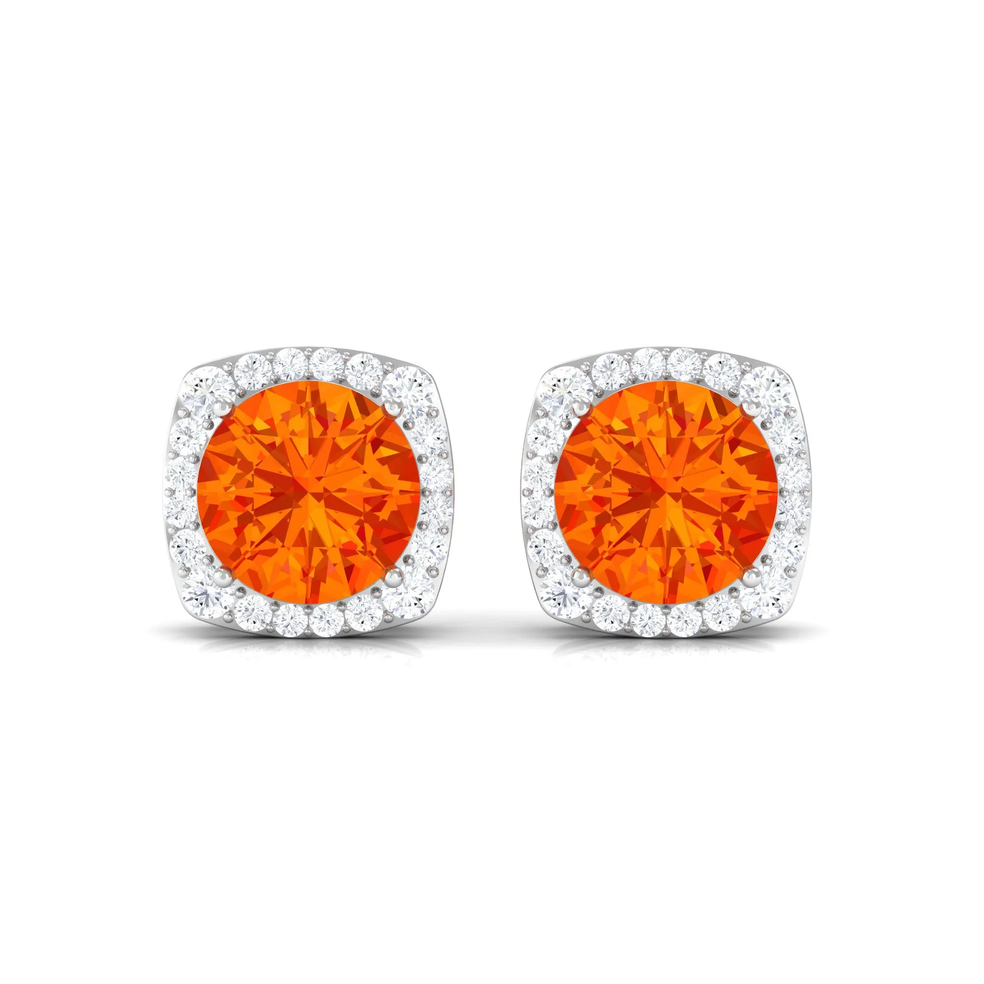 Lab Grown Orange Sapphire and Diamond Halo Stud Earrings