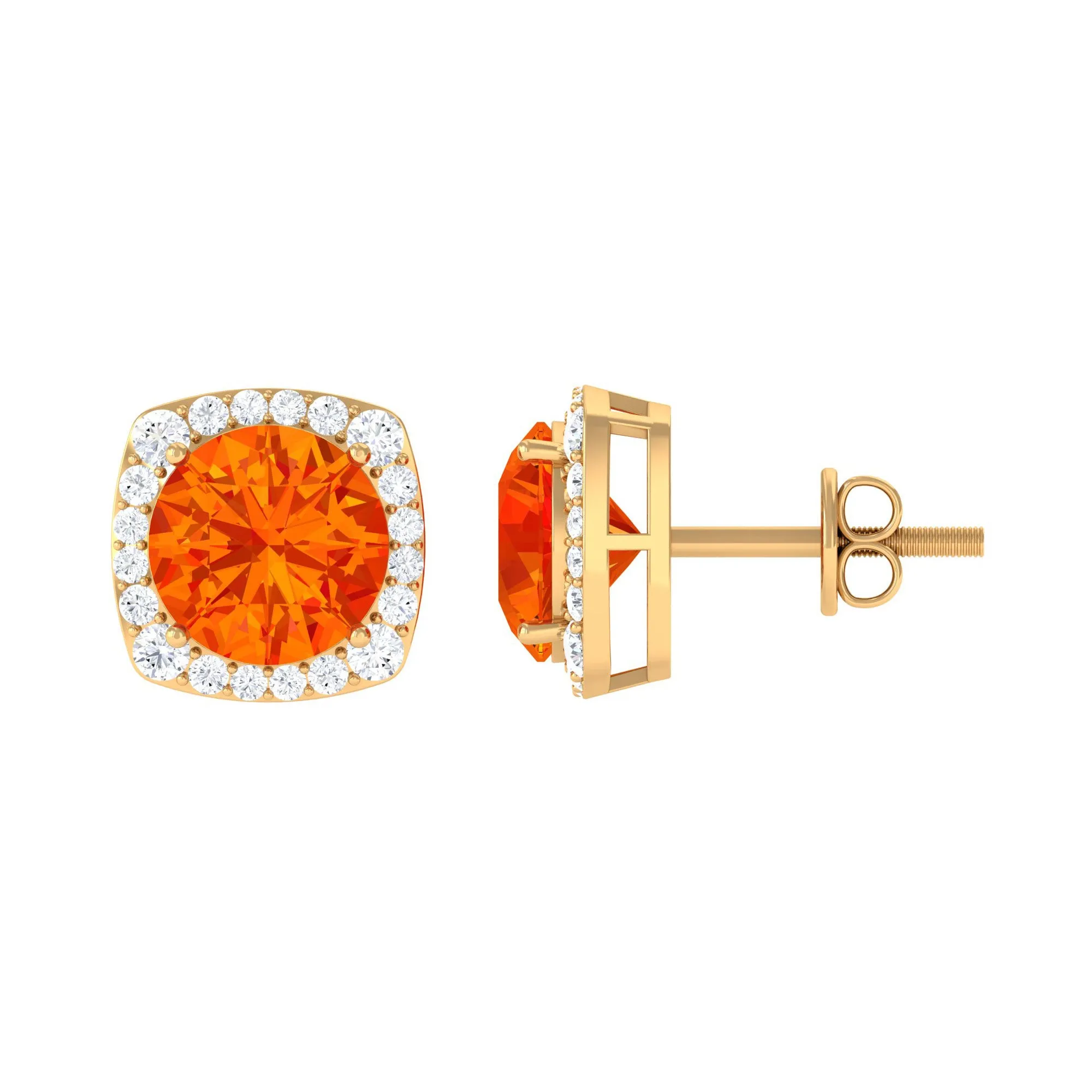 Lab Grown Orange Sapphire and Diamond Halo Stud Earrings