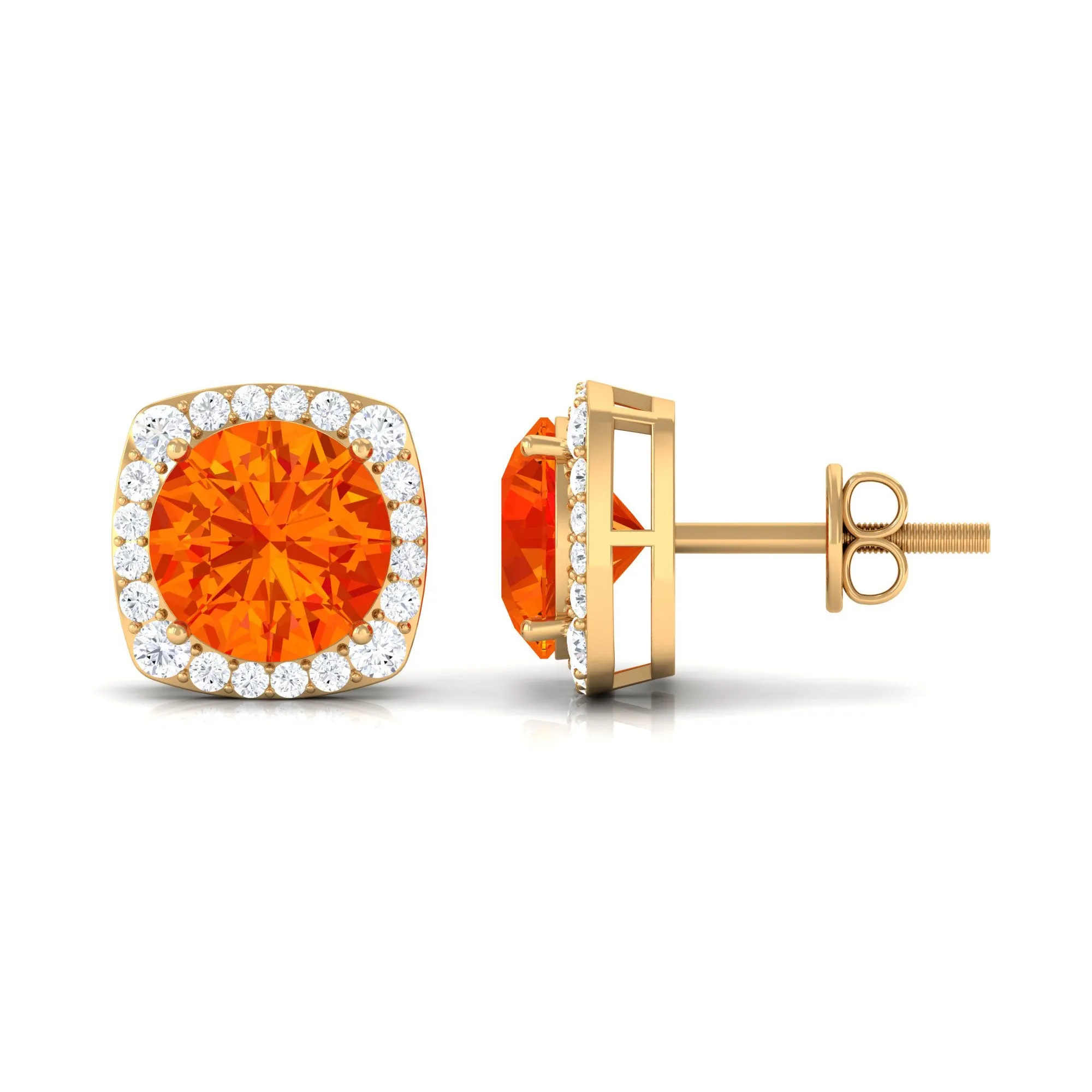 Lab Grown Orange Sapphire and Diamond Halo Stud Earrings