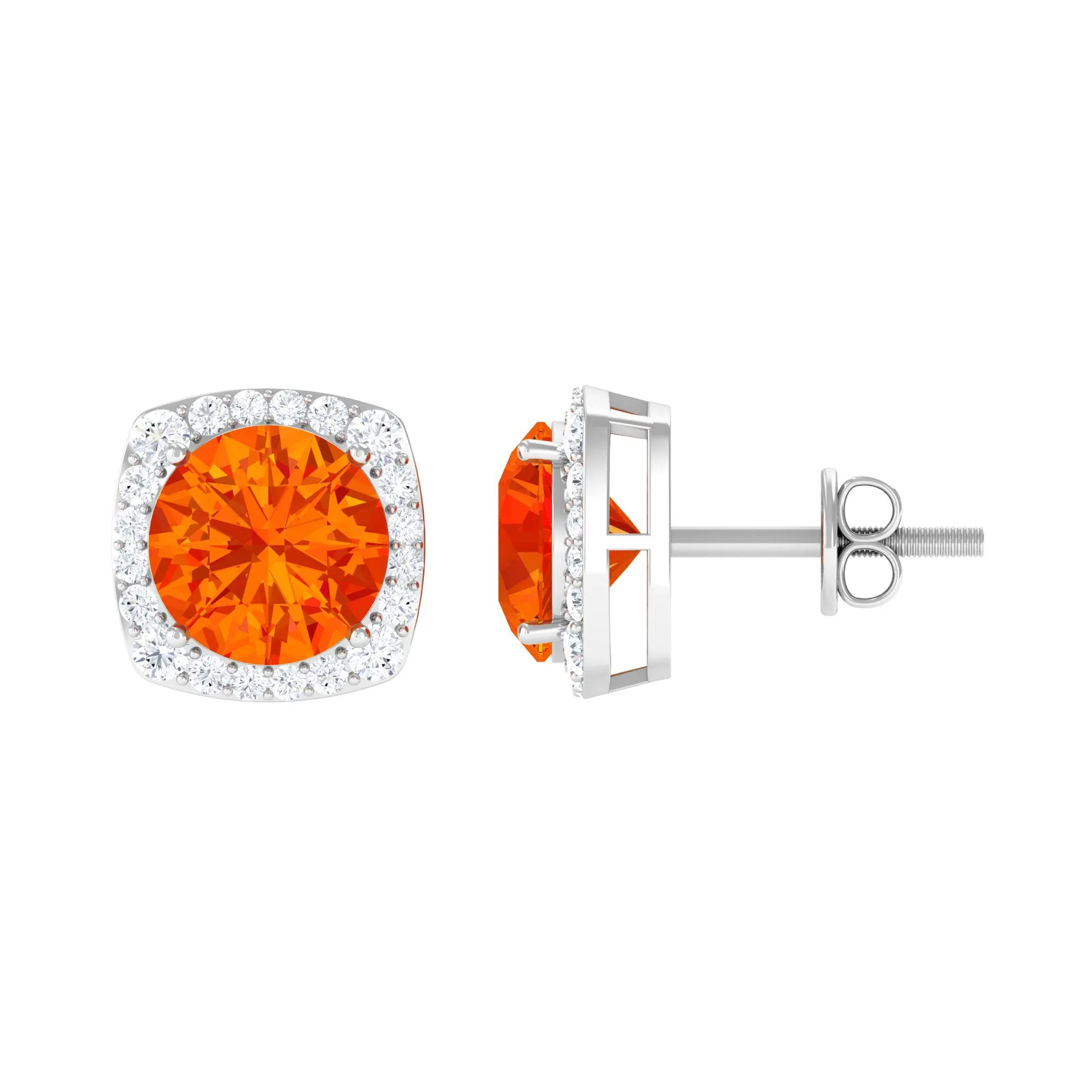 Lab Grown Orange Sapphire and Diamond Halo Stud Earrings