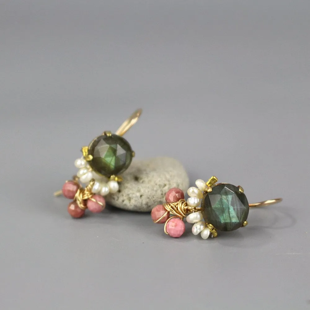 Labradorite Pearl Rhodonite Clover Earrings