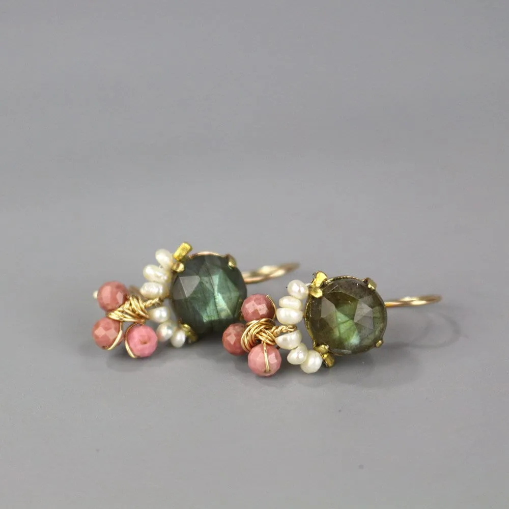 Labradorite Pearl Rhodonite Clover Earrings