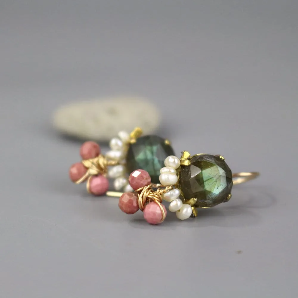 Labradorite Pearl Rhodonite Clover Earrings