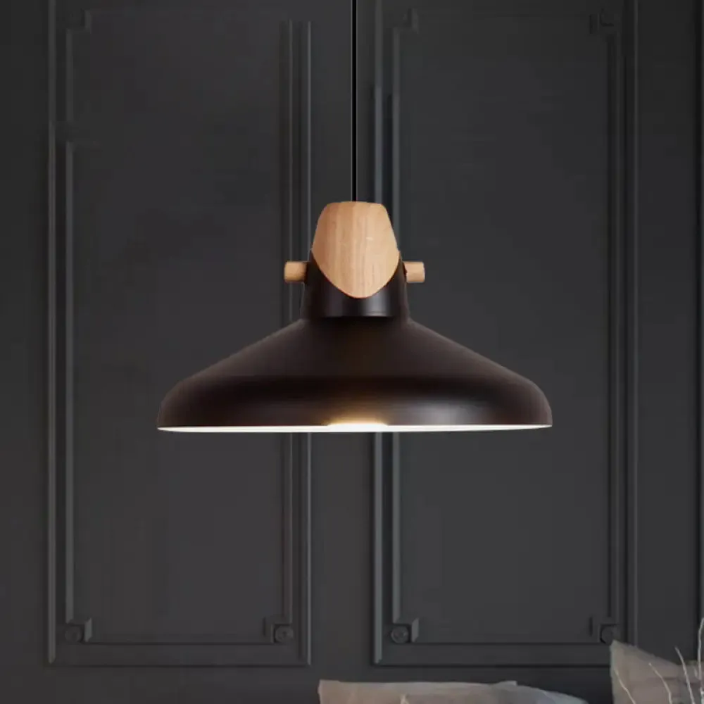 Macaron Elegant Barn Shade Suspended Light - Metal & Wood Ceiling Pendant in Black/White