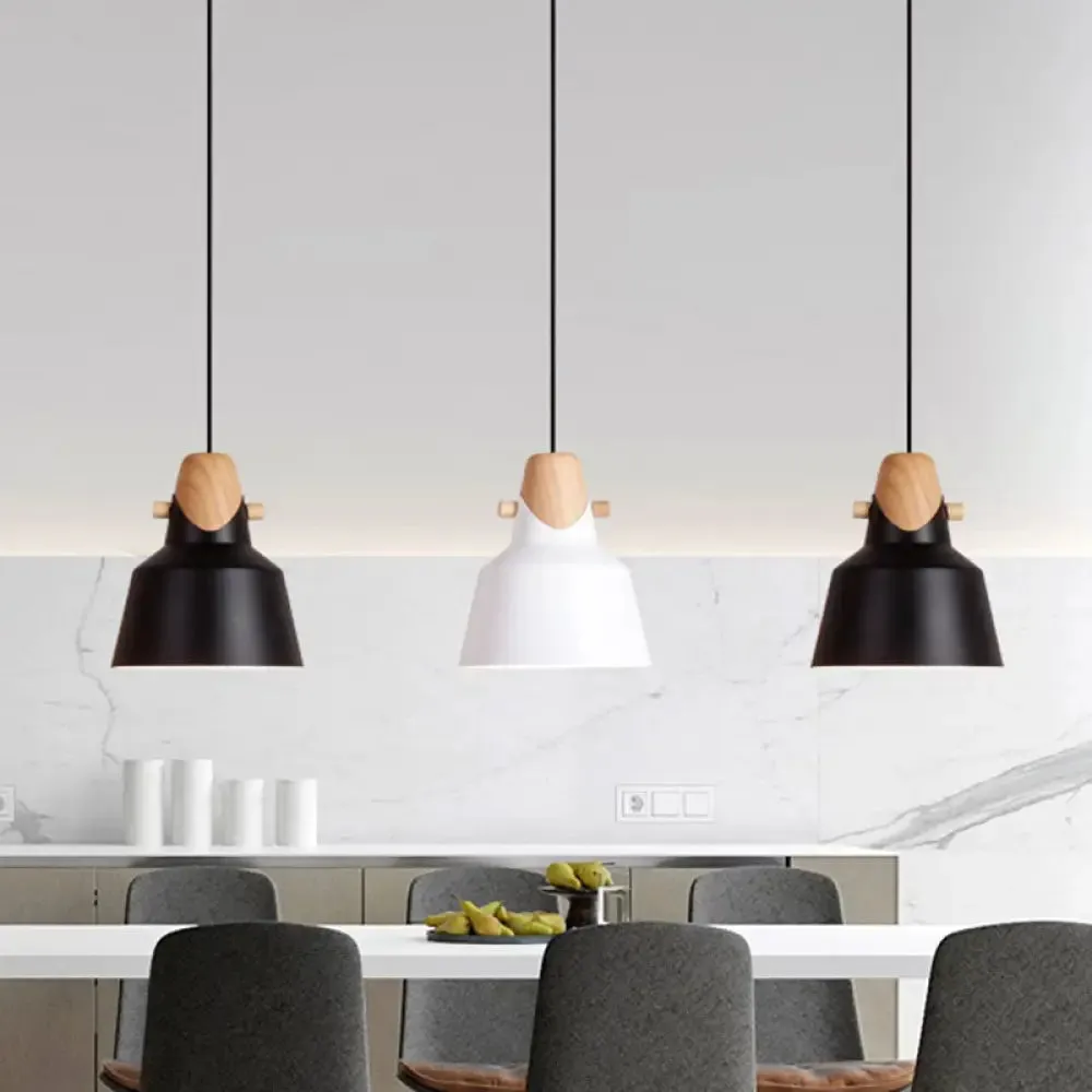 Macaron Elegant Barn Shade Suspended Light - Metal & Wood Ceiling Pendant in Black/White