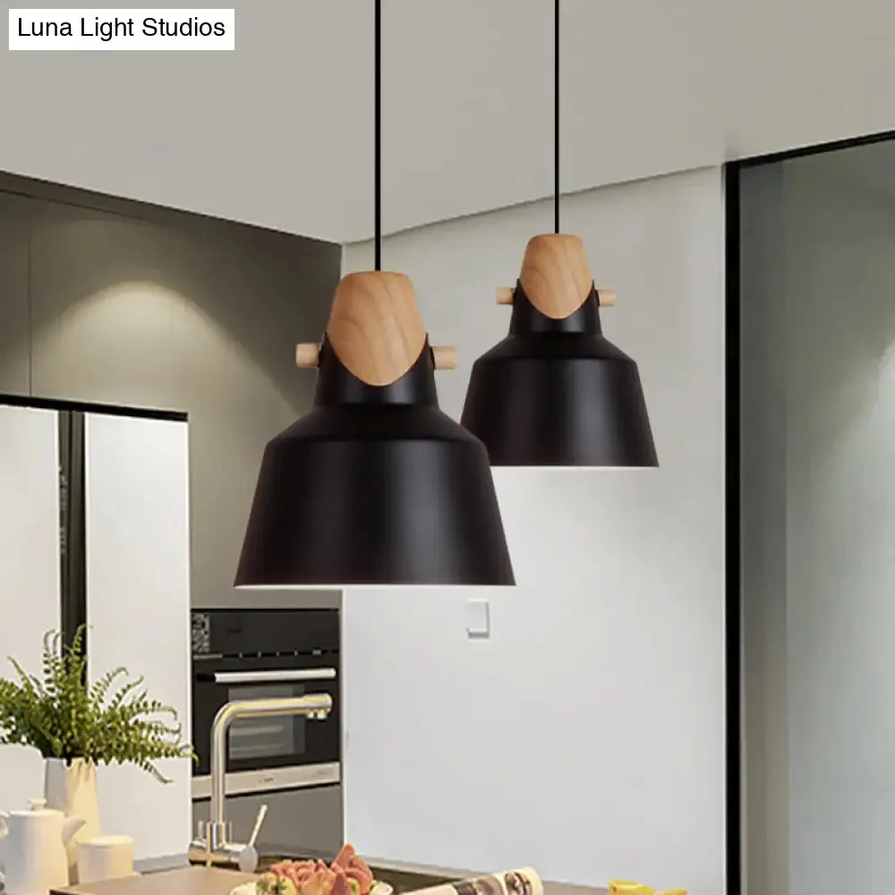 Macaron Elegant Barn Shade Suspended Light - Metal & Wood Ceiling Pendant in Black/White