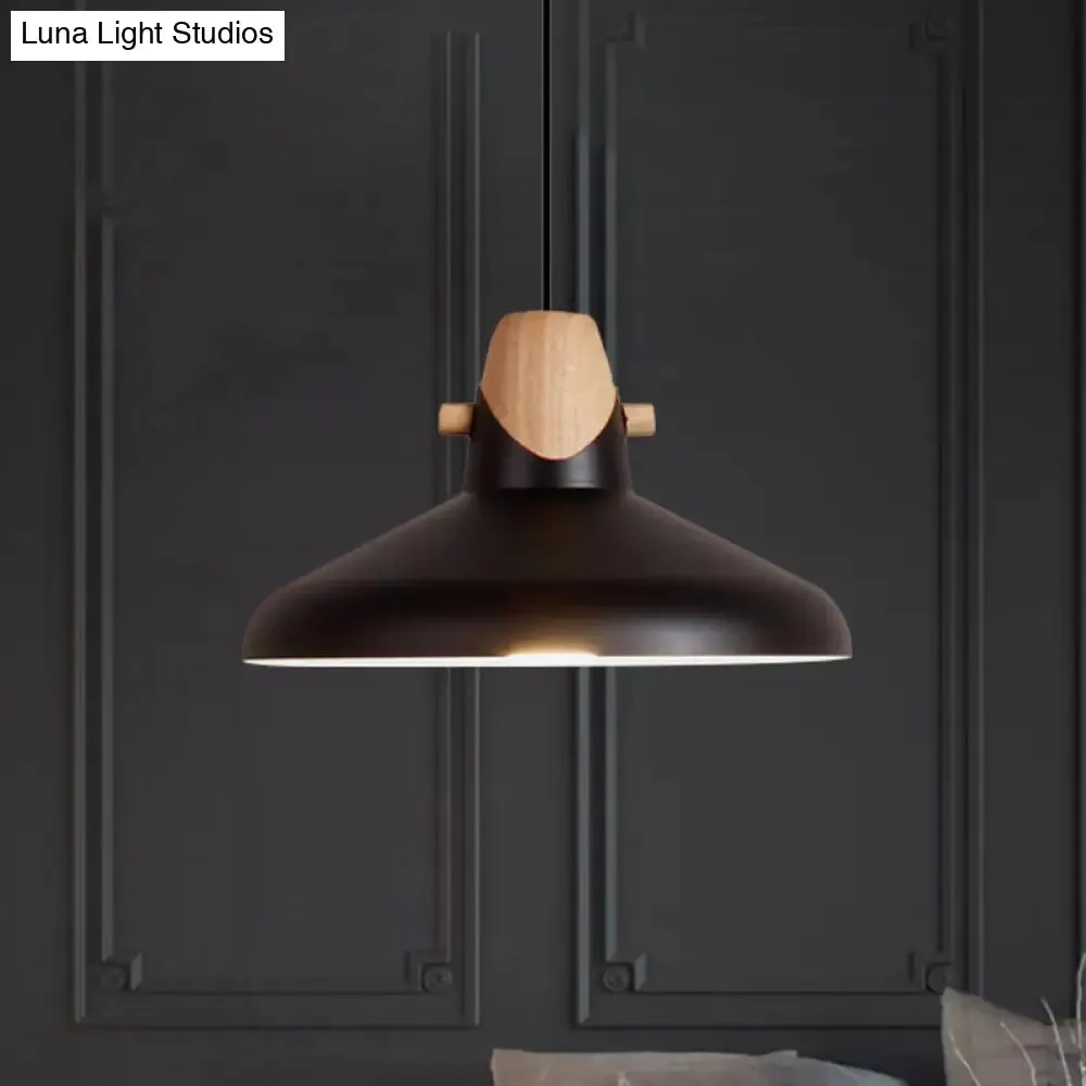 Macaron Elegant Barn Shade Suspended Light - Metal & Wood Ceiling Pendant in Black/White