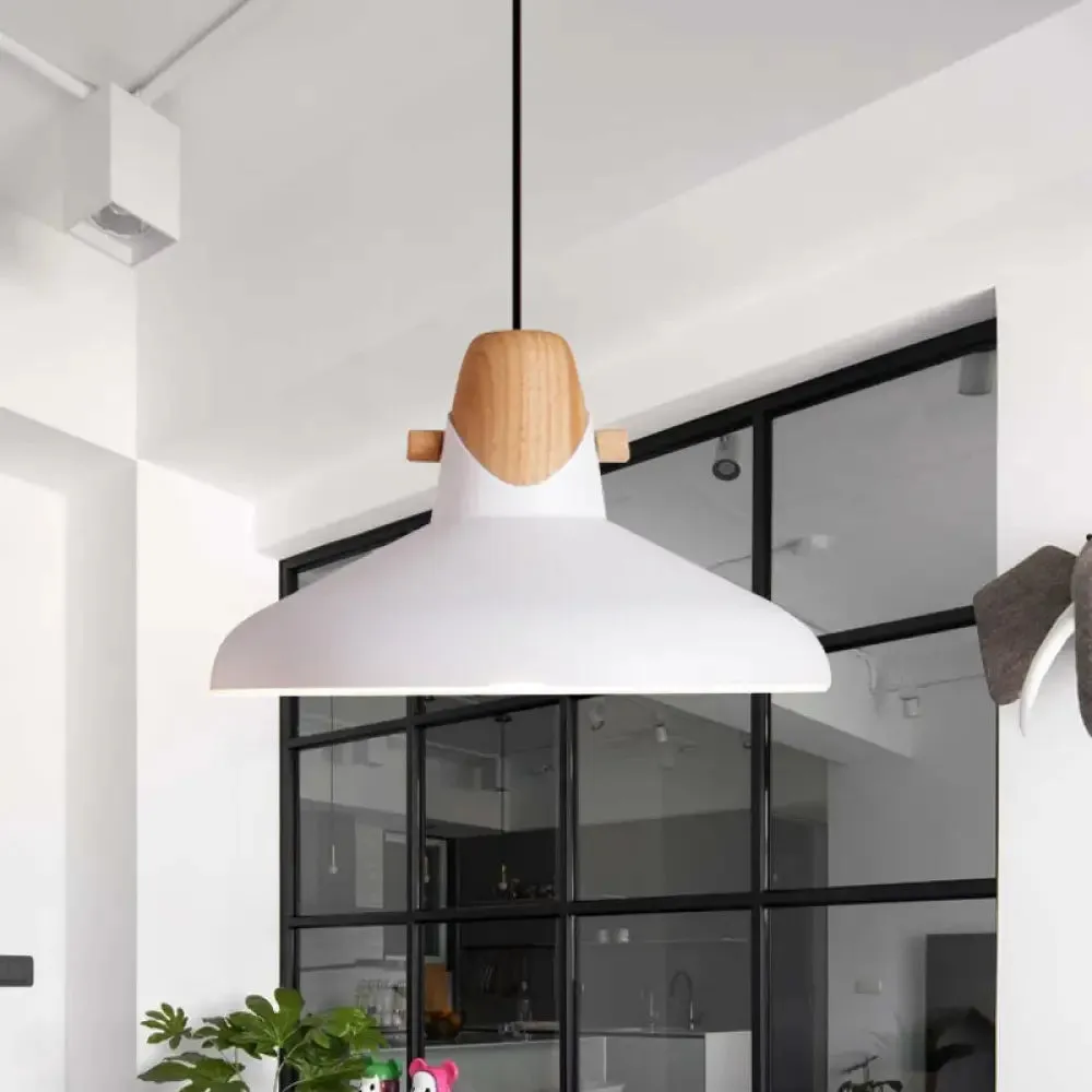 Macaron Elegant Barn Shade Suspended Light - Metal & Wood Ceiling Pendant in Black/White