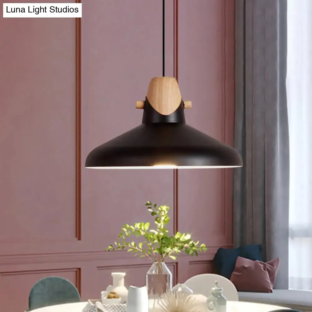 Macaron Elegant Barn Shade Suspended Light - Metal & Wood Ceiling Pendant in Black/White