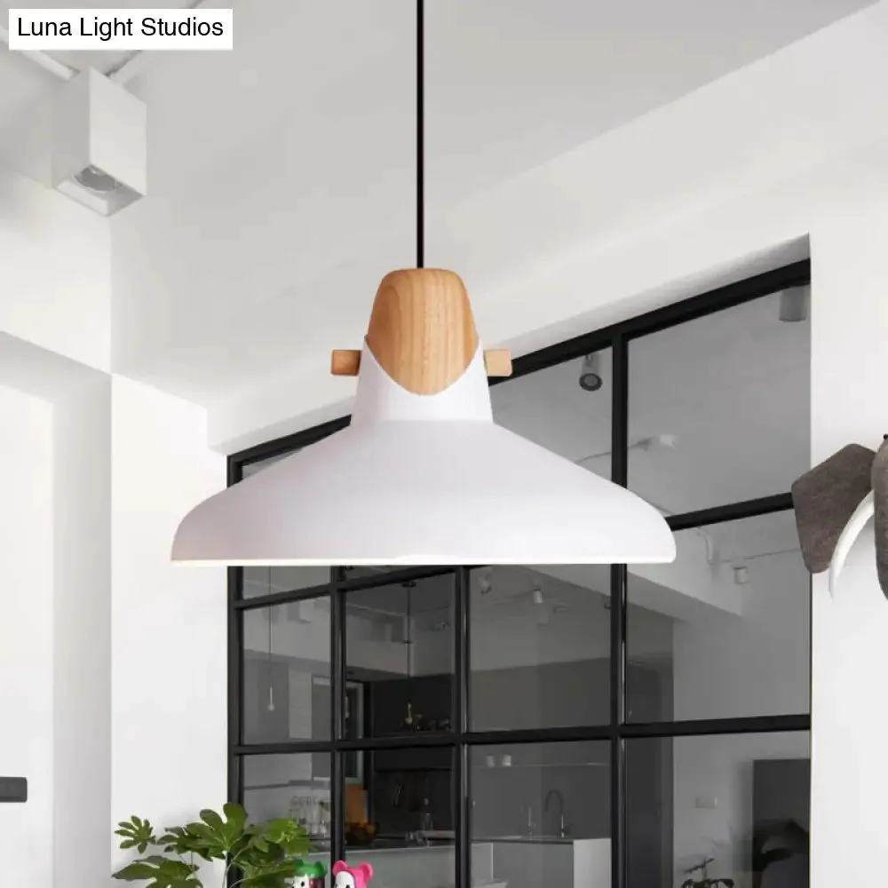 Macaron Elegant Barn Shade Suspended Light - Metal & Wood Ceiling Pendant in Black/White