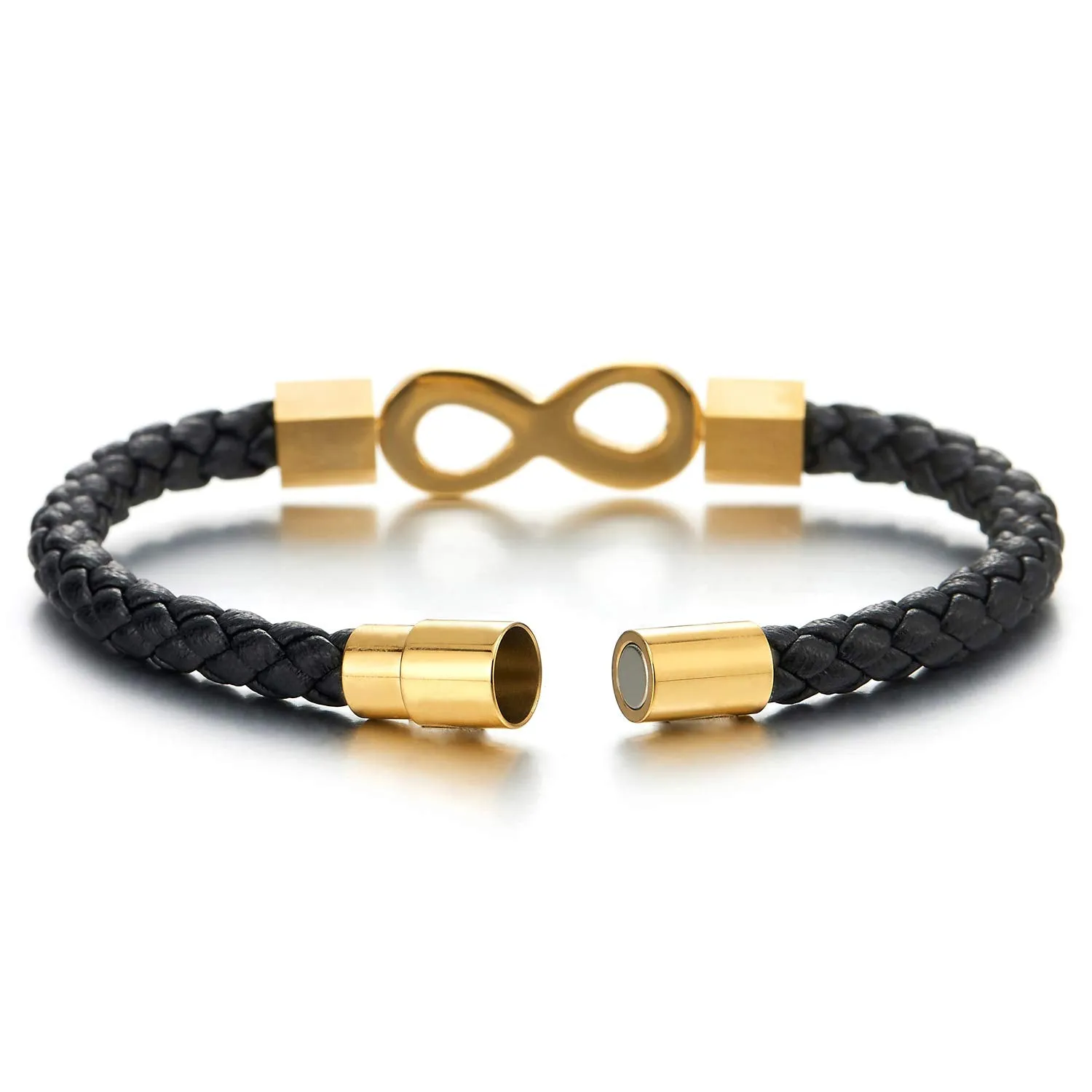 Mens Womens Black Braided Leather Bangle Bracelet Steel Gold Infinity Love Number 8, Magnetic Clasp