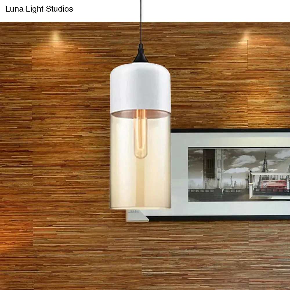 Modern 1-Light Drum/Cylinder/Jar Suspension Pendant – Clear/Yellow Glass – White/Black Fixture