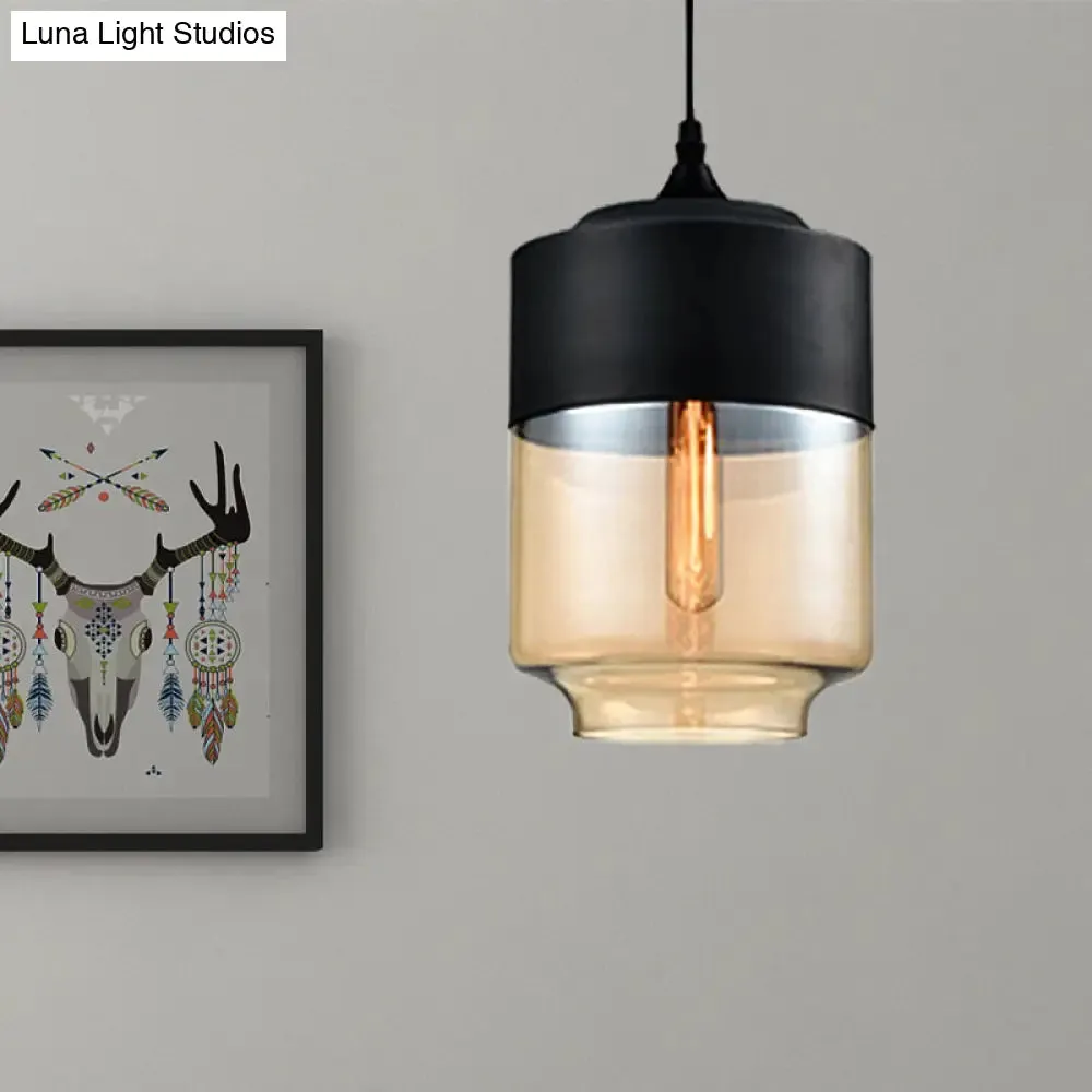 Modern 1-Light Drum/Cylinder/Jar Suspension Pendant – Clear/Yellow Glass – White/Black Fixture