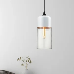 Modern 1-Light Drum/Cylinder/Jar Suspension Pendant – Clear/Yellow Glass – White/Black Fixture