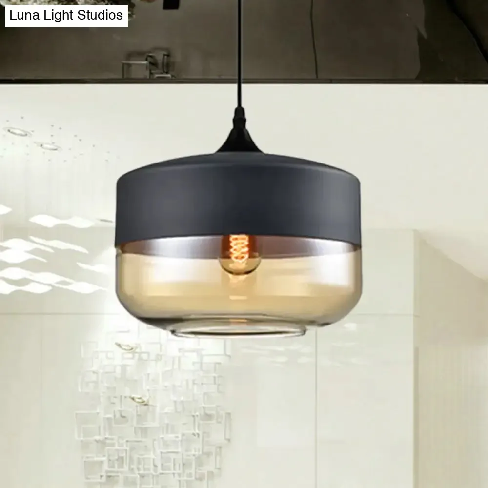 Modern 1-Light Drum/Cylinder/Jar Suspension Pendant – Clear/Yellow Glass – White/Black Fixture