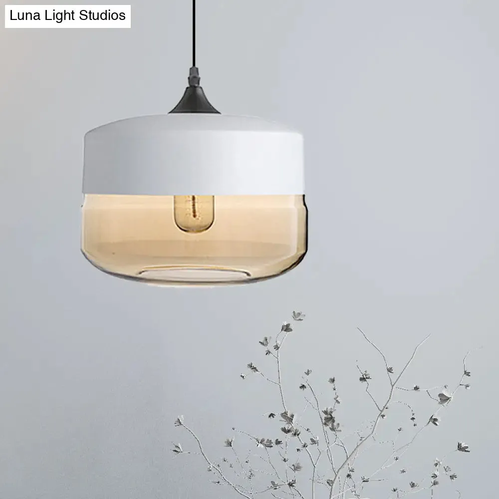 Modern 1-Light Drum/Cylinder/Jar Suspension Pendant – Clear/Yellow Glass – White/Black Fixture