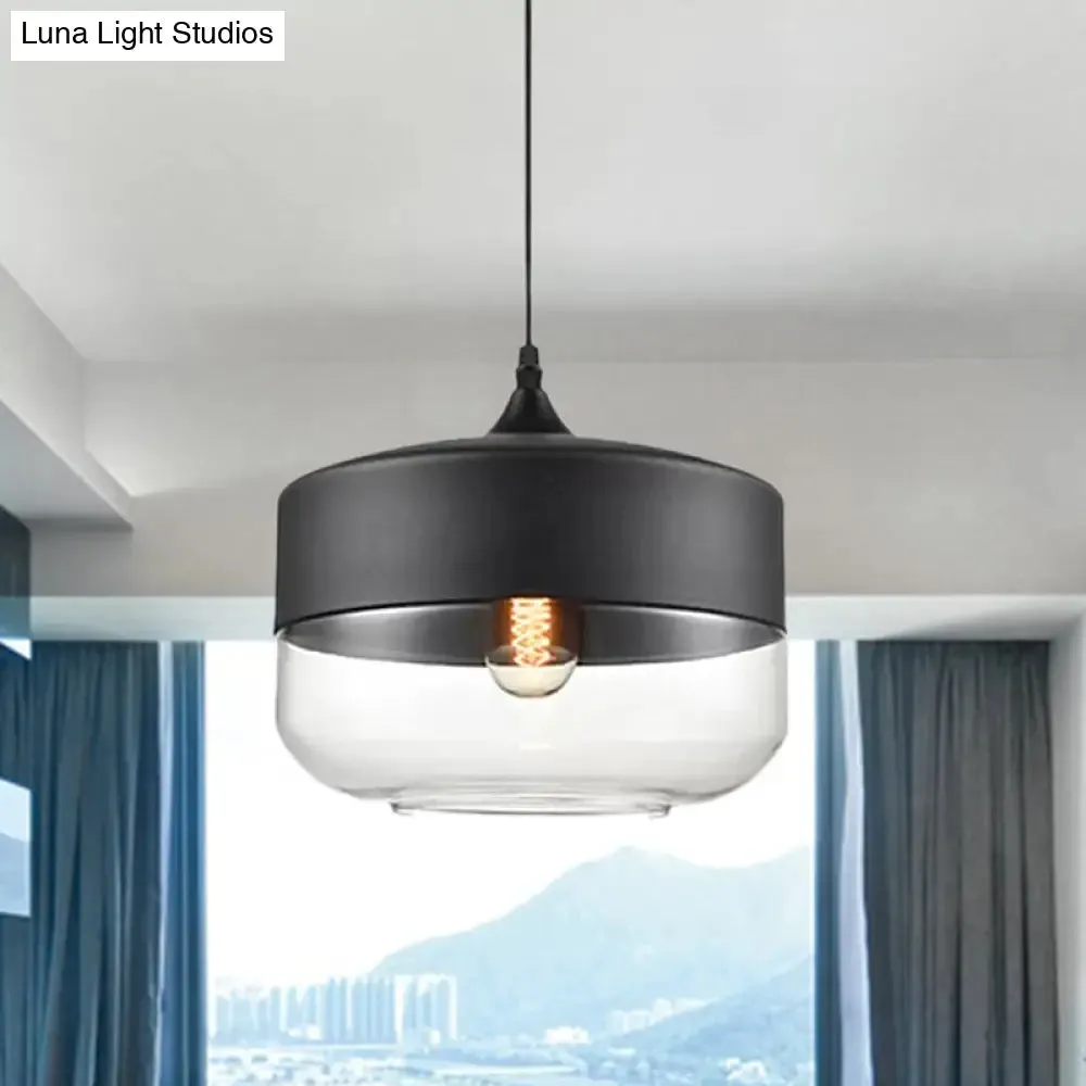 Modern 1-Light Drum/Cylinder/Jar Suspension Pendant – Clear/Yellow Glass – White/Black Fixture