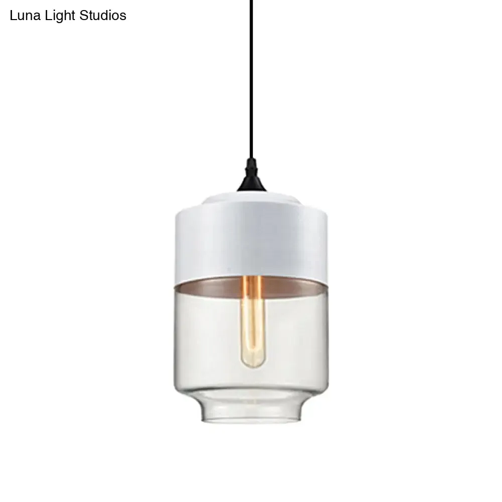 Modern 1-Light Drum/Cylinder/Jar Suspension Pendant – Clear/Yellow Glass – White/Black Fixture